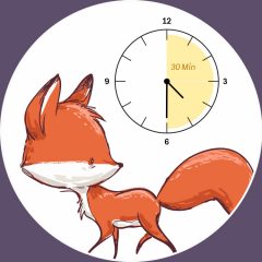 Illustration eines Fuchses mit einer analogen Uhr darüber.