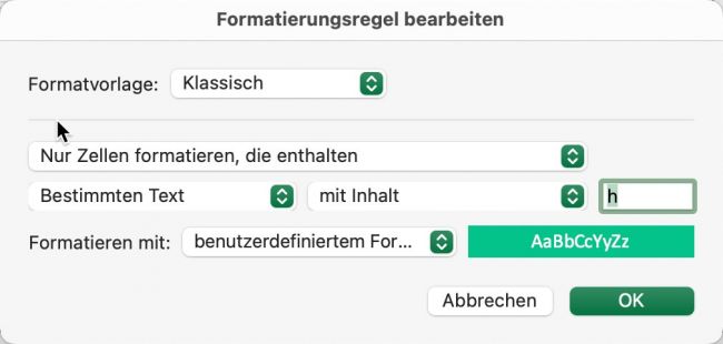 4. Screenshot des Dialogs »Formatierungsregeln bearbeiten«.