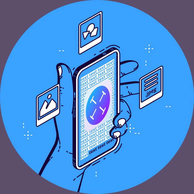 Illustration einer Hand mit Smartphone. Auf dem Display das TextSniper Icon (Fadenkreuz)