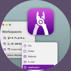 Icon der App »Workspaces« und ein Ausschnitt der Benutzeroberfläche.