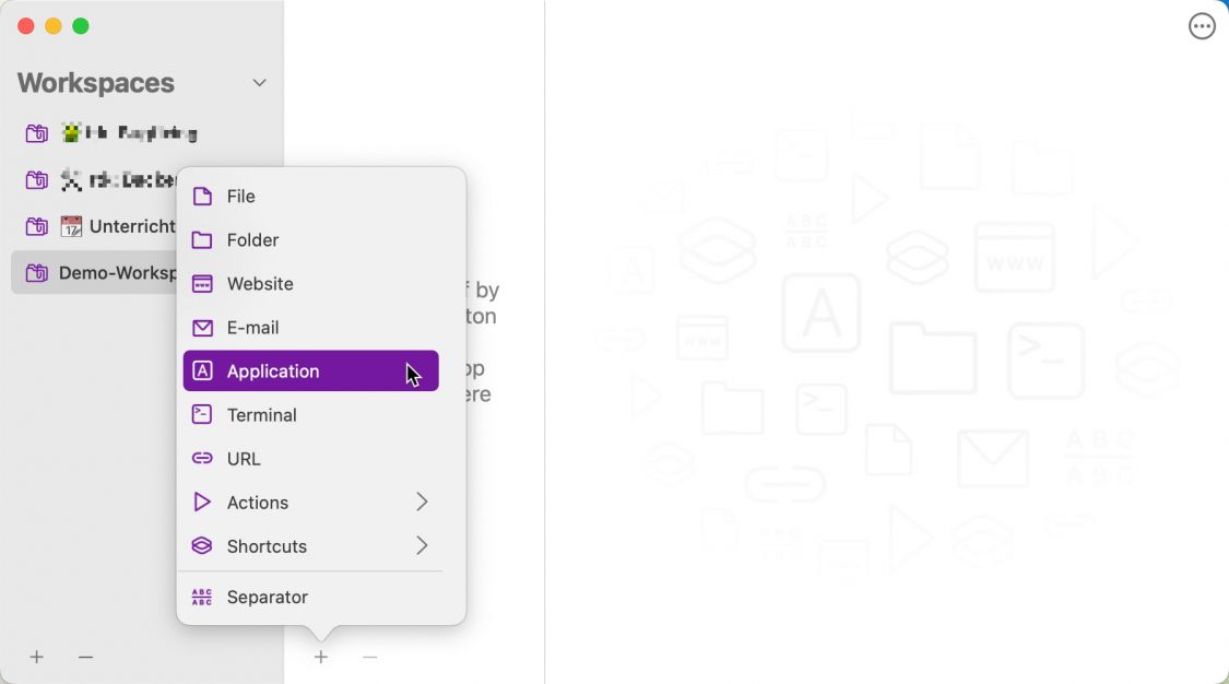 Screenshot des Editors der App »Workspaces« mit geöffnetem Dialogfeld möglicher Elemente, die hinzugefügt werden können.