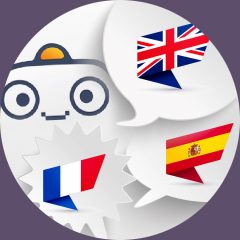 Drei Sprechblasen mit den Länderflaggen Spaniens, Großbritanniens und Frankreich darin. Links oben der Roboter der App 
