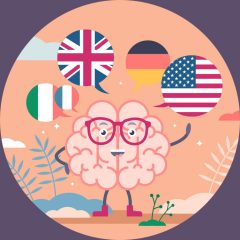 Illustration eines Gehirns mit Brille. Darum herum verschiedene Länderflaggen in Form von Sprechblasen.