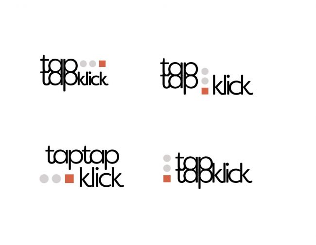 Verschiedene Anordnungen der Worte tap tap und klick, so wie zwei grauer Punkte und einem lachsfarbenen Quadrat.